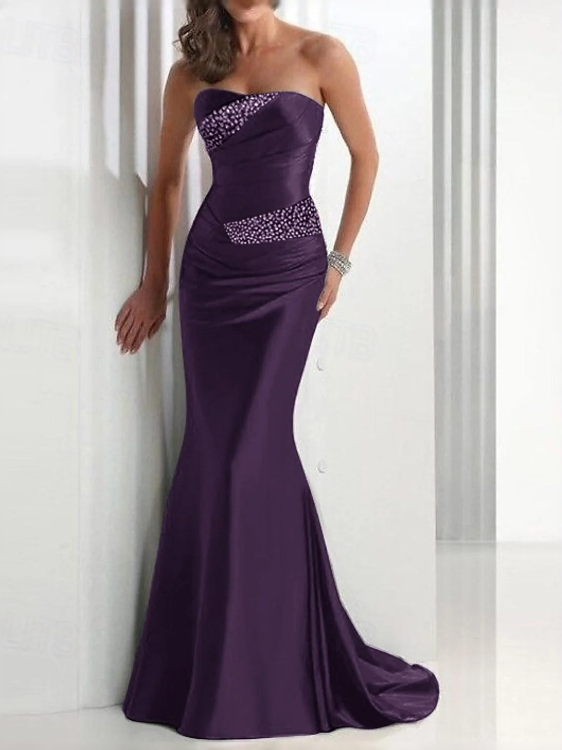 Plum strapless ruched corset mermaid satin prom dress with sparkling waistband
