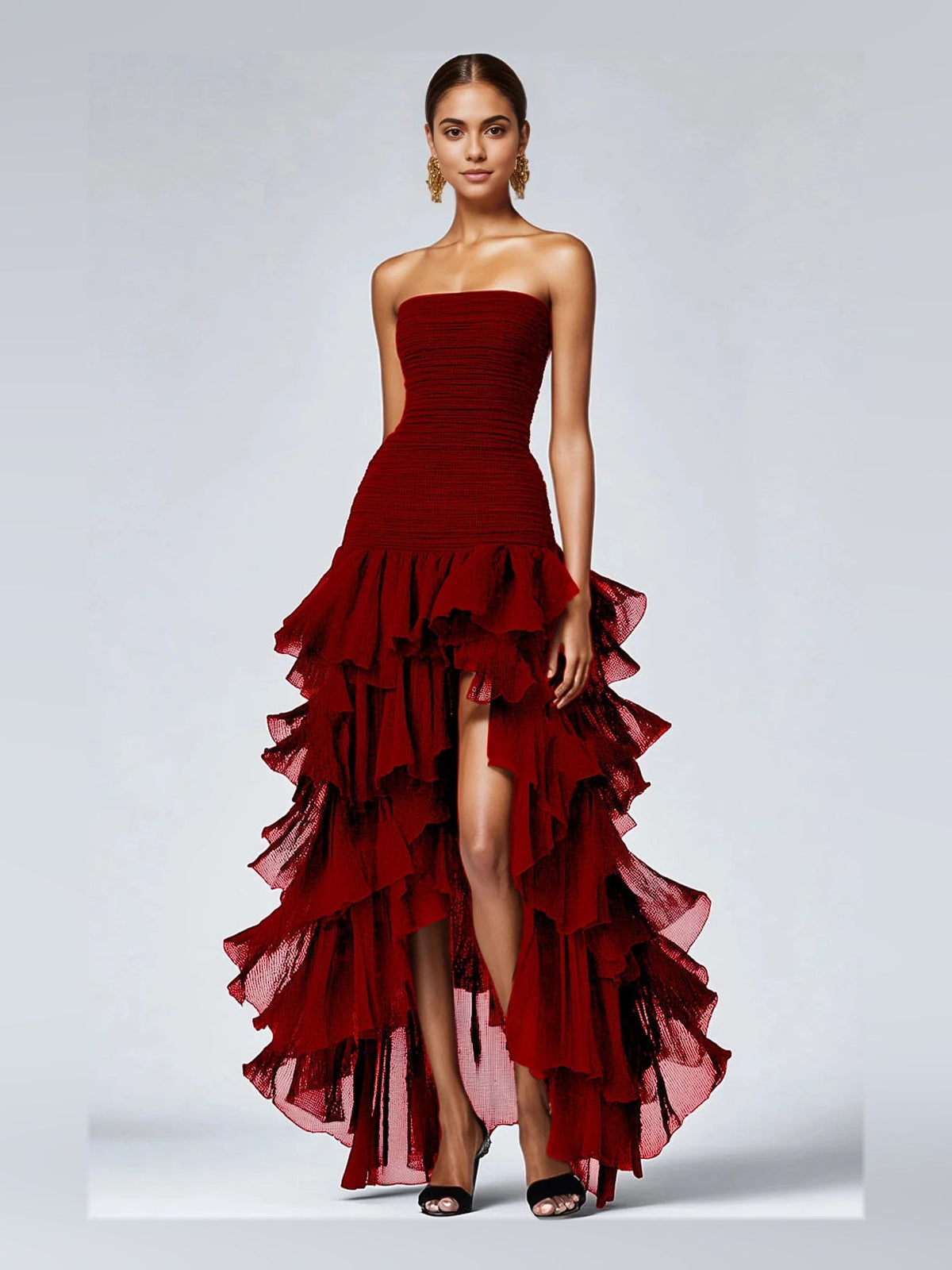 Wine red strapless A-line prom dress with ruched bodice and tiered ruffle high-low skirt