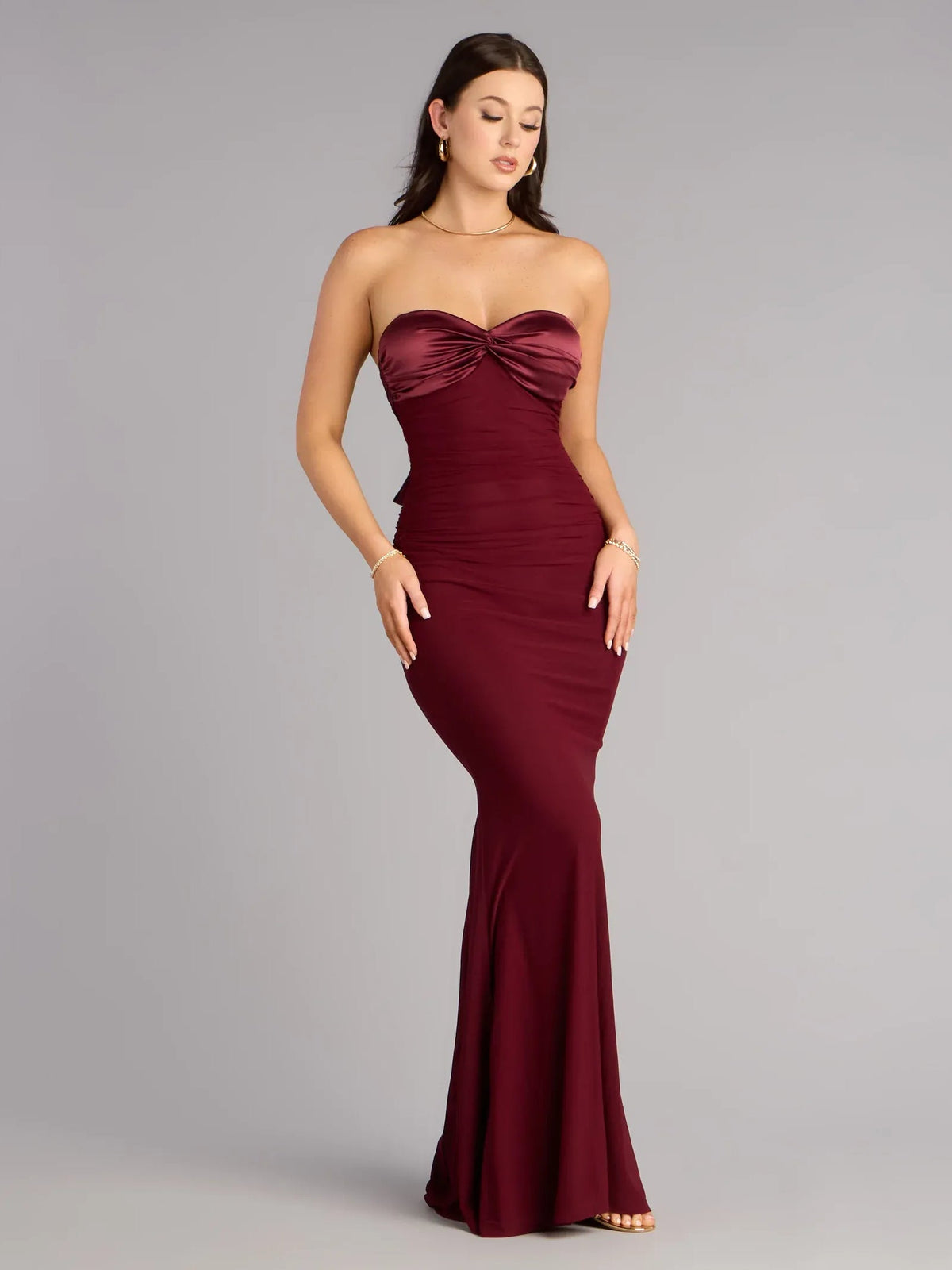 Wine strapless floor-length formal dress with ruched mermaid silhouette