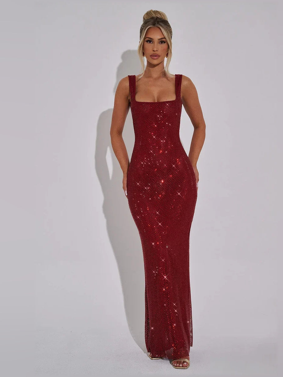 Wine red sequin mermaid formal dress with square neckline and thin straps
