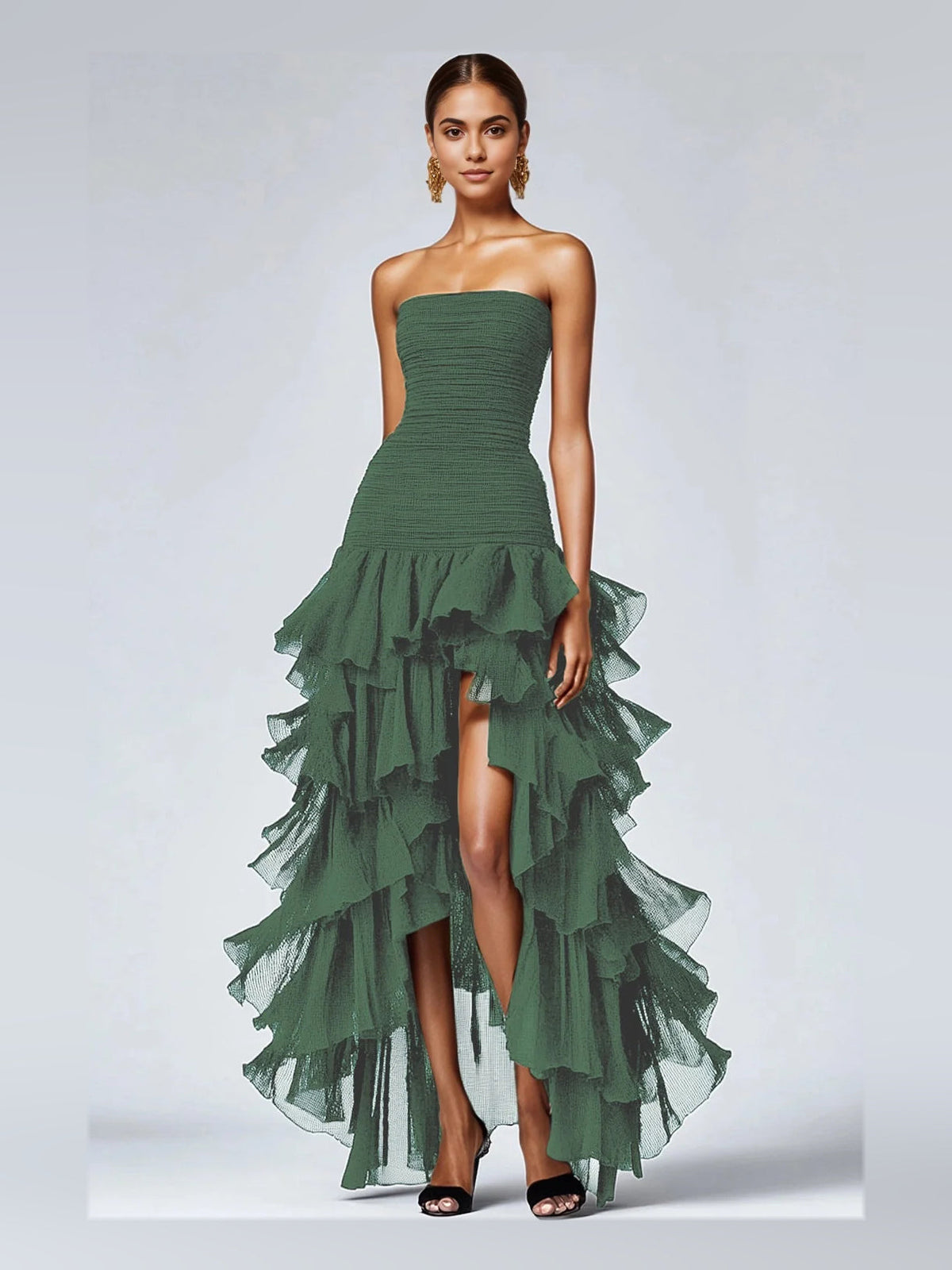 Forest green strapless A-line prom dress with ruched bodice and tiered ruffle high-low hem