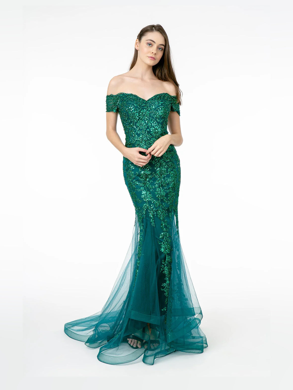 Green beaded off-shoulder mermaid prom dress with sheer tulle train at hem