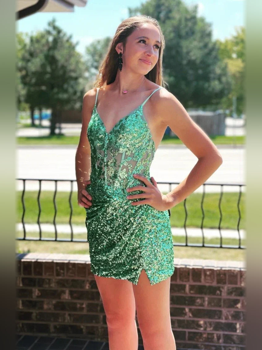 Green sequin corset V-neck mini bodycon dress with side slit and spaghetti straps