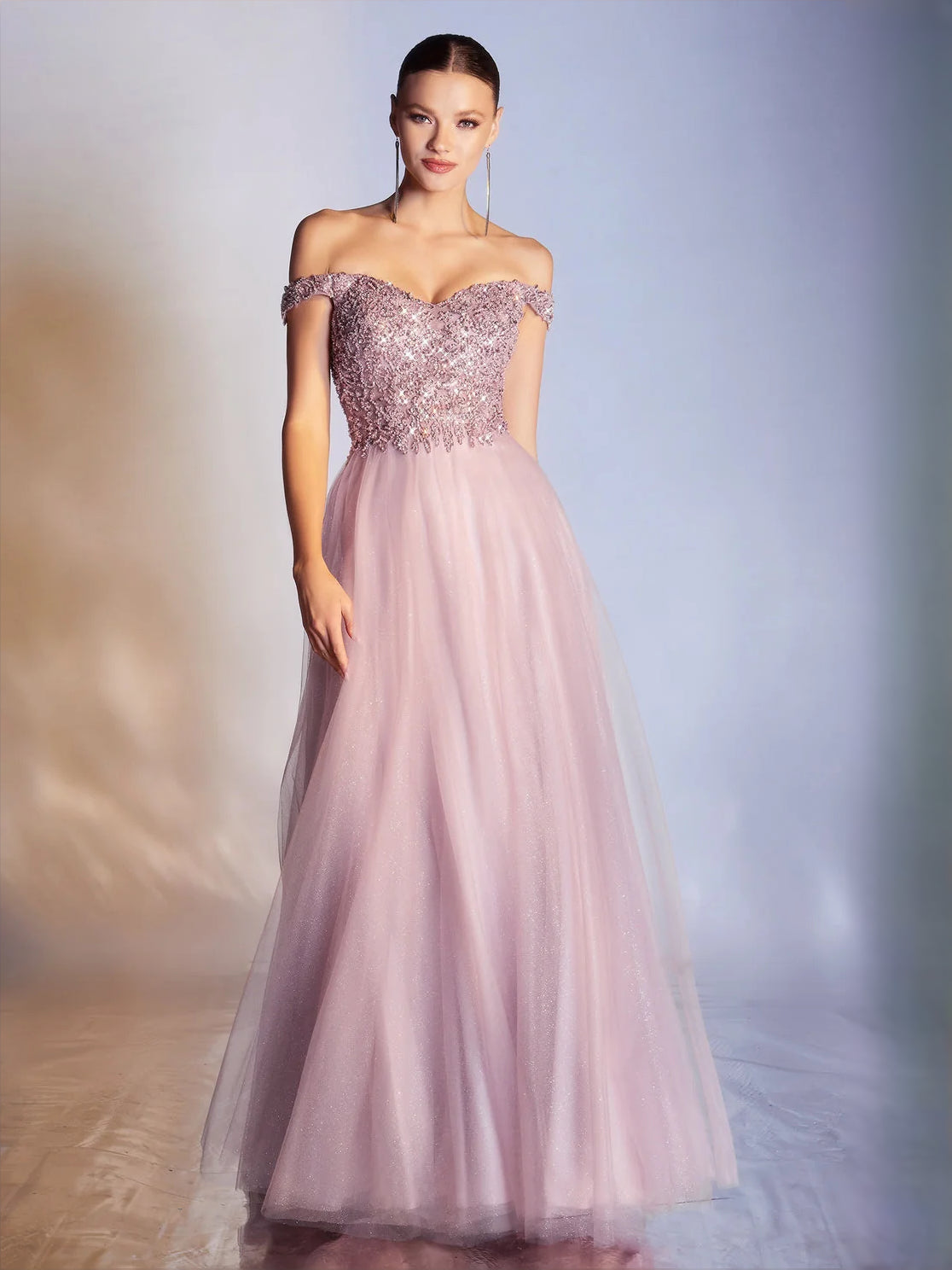 Mauve off-shoulder A-line prom dress with sparkling bodice and layered tulle skirt