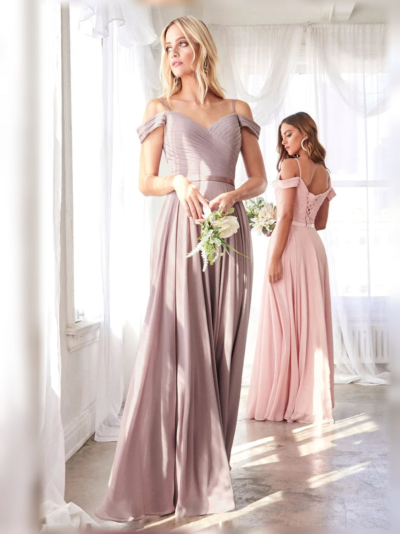 Mauve ruched sweetheart A-line chiffon dress, off-shoulder bodice, floor length