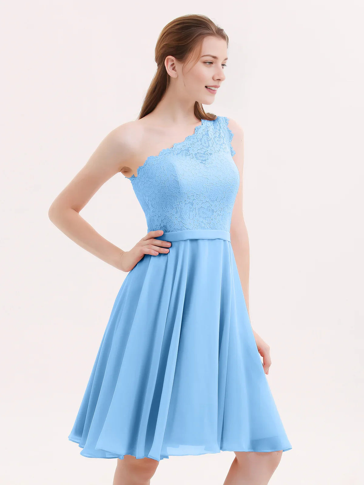 One-shoulder A-line short chiffon homecoming dress in light blue, lace-textured one-shoulder top