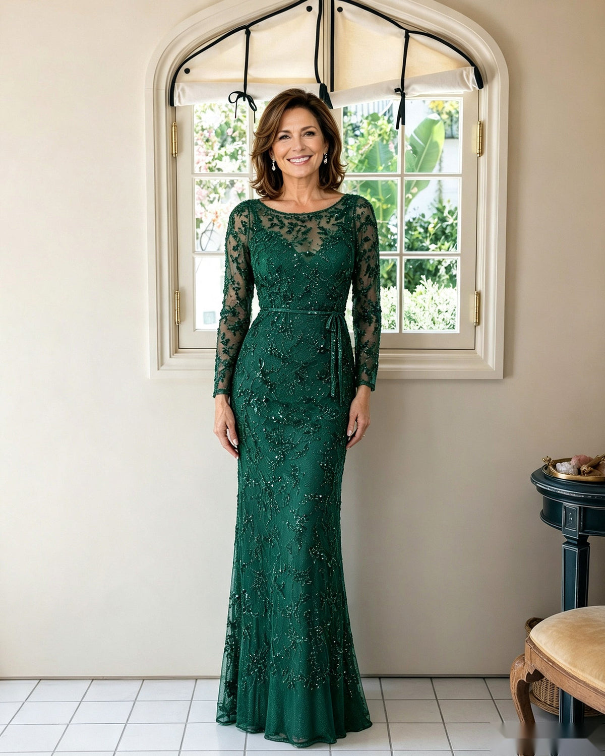 Illusion lace long-sleeve sheath mother-of-the-bride dress, emerald green fitted front