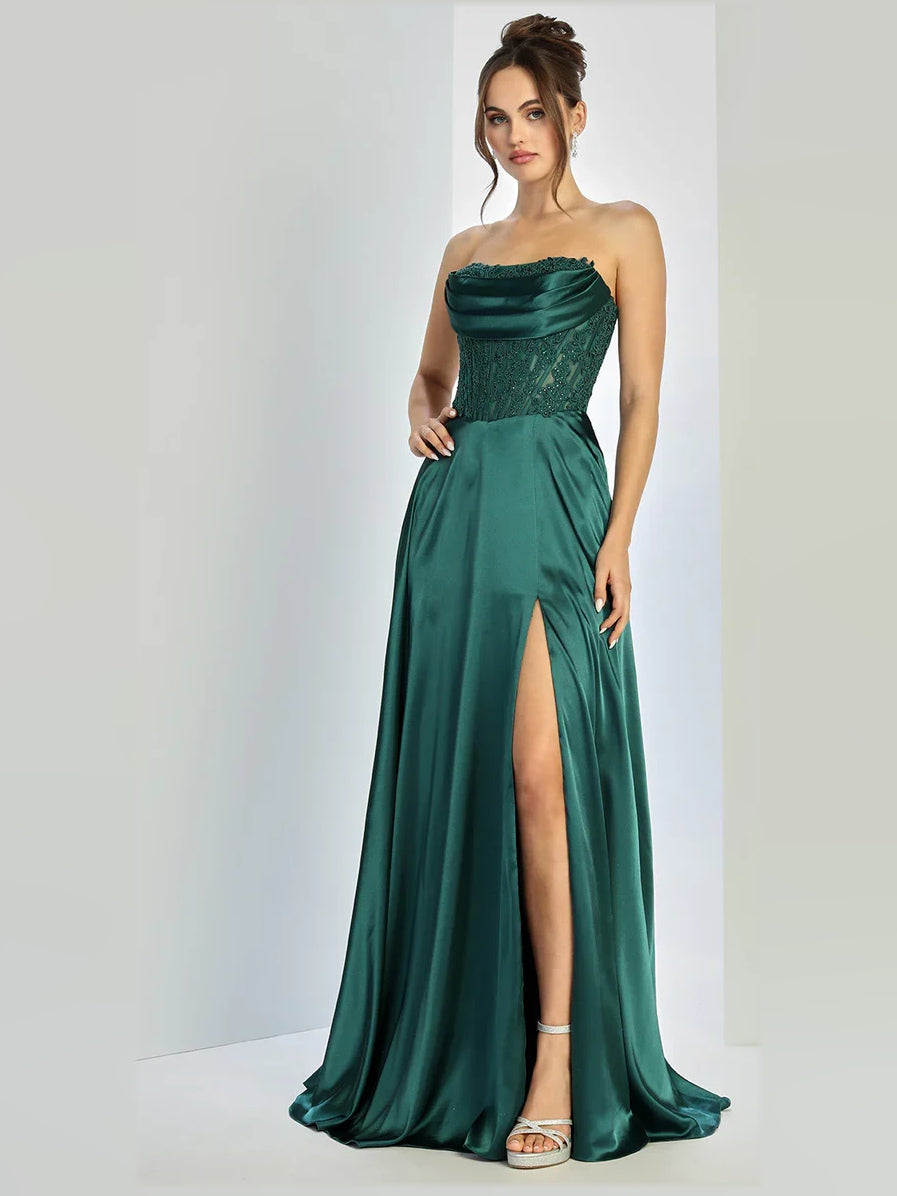 Emerald green strapless satin corset prom dress with draped bodice and front leg slit