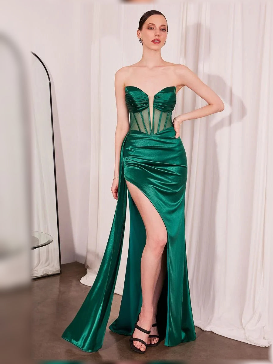 Strapless corset formal dress, emerald green satin with sweetheart neckline and side slit