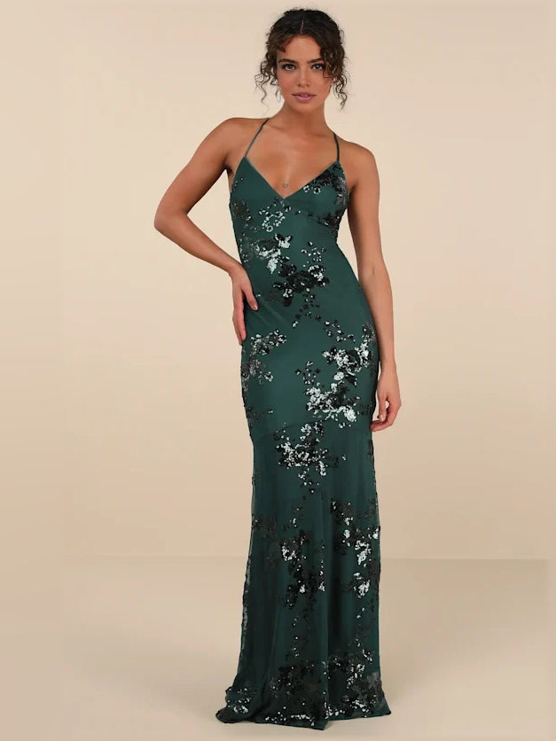 Emerald green sequin mermaid prom dress with V-neck and thin spaghetti straps