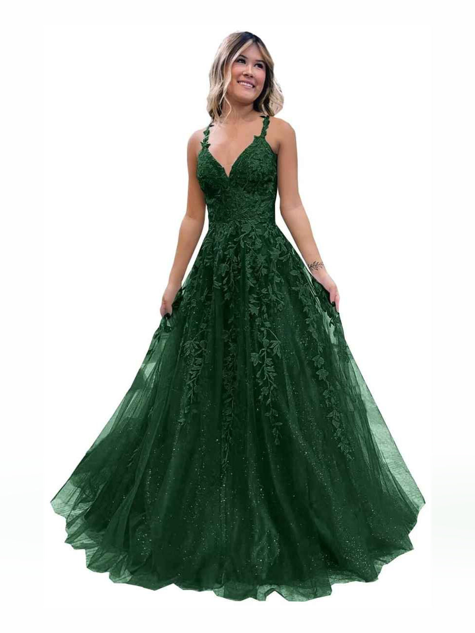 Emerald green glitter floral corset tulle prom dress with V-neck, A-line skirt