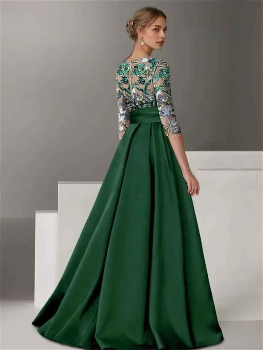 Emerald green floor-length A-line formal dress with floral sequin square neckline and slit