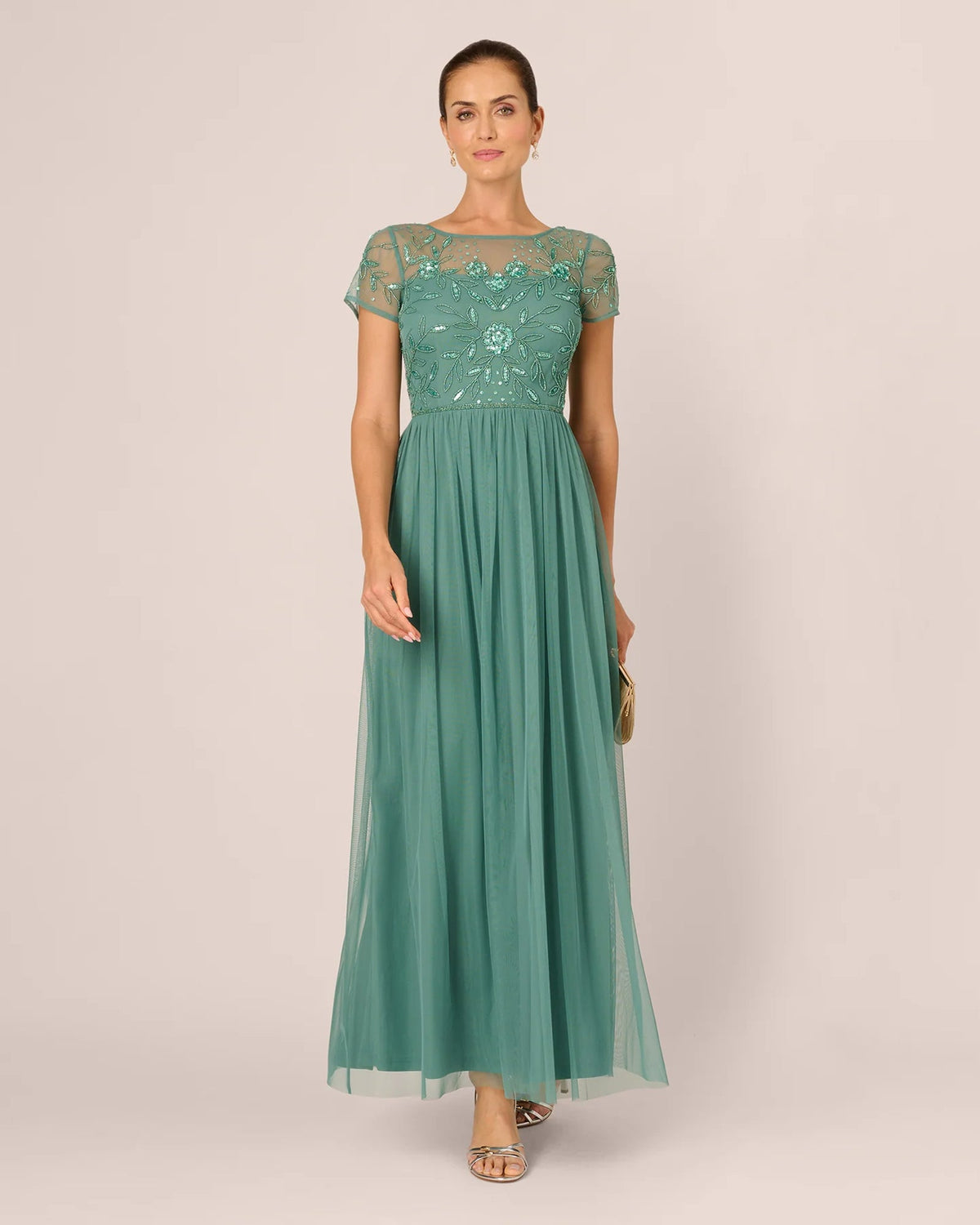 Seafoam green short-sleeve A-line maxi dress with shimmering beadwork bodice