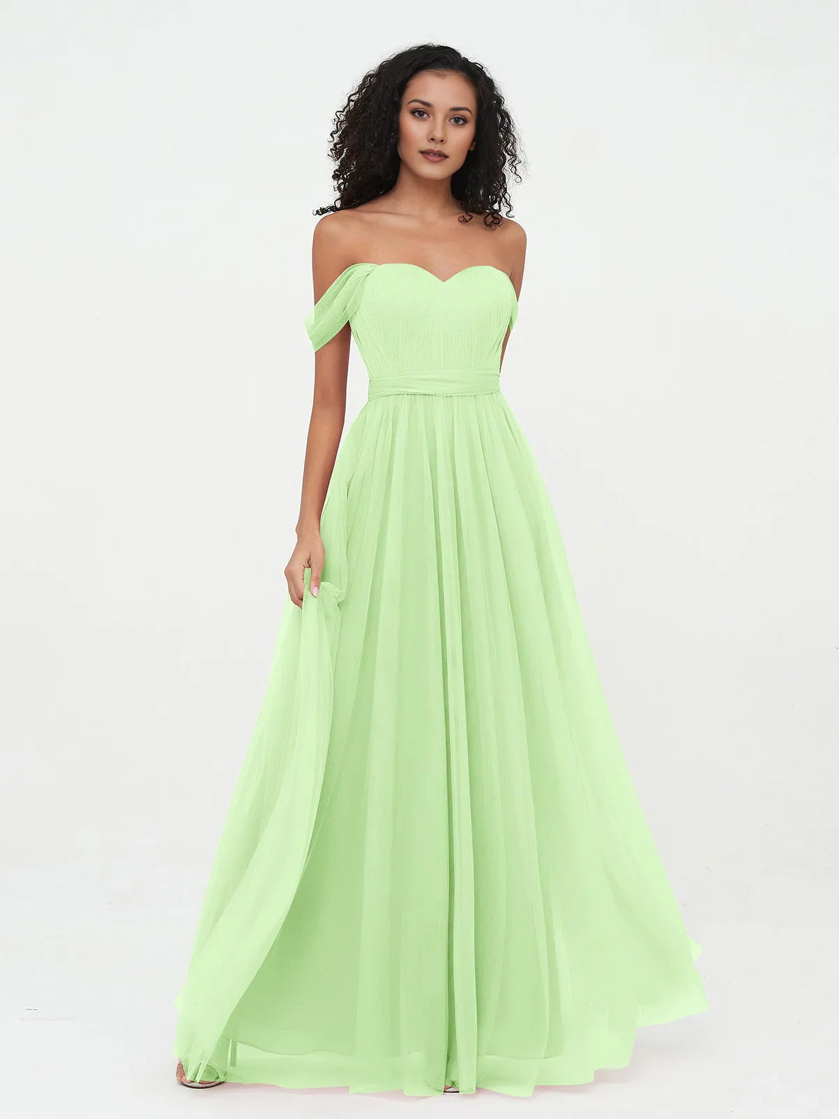 Light green sweetheart off-shoulder pleated A-line tulle bridesmaid dress with flow