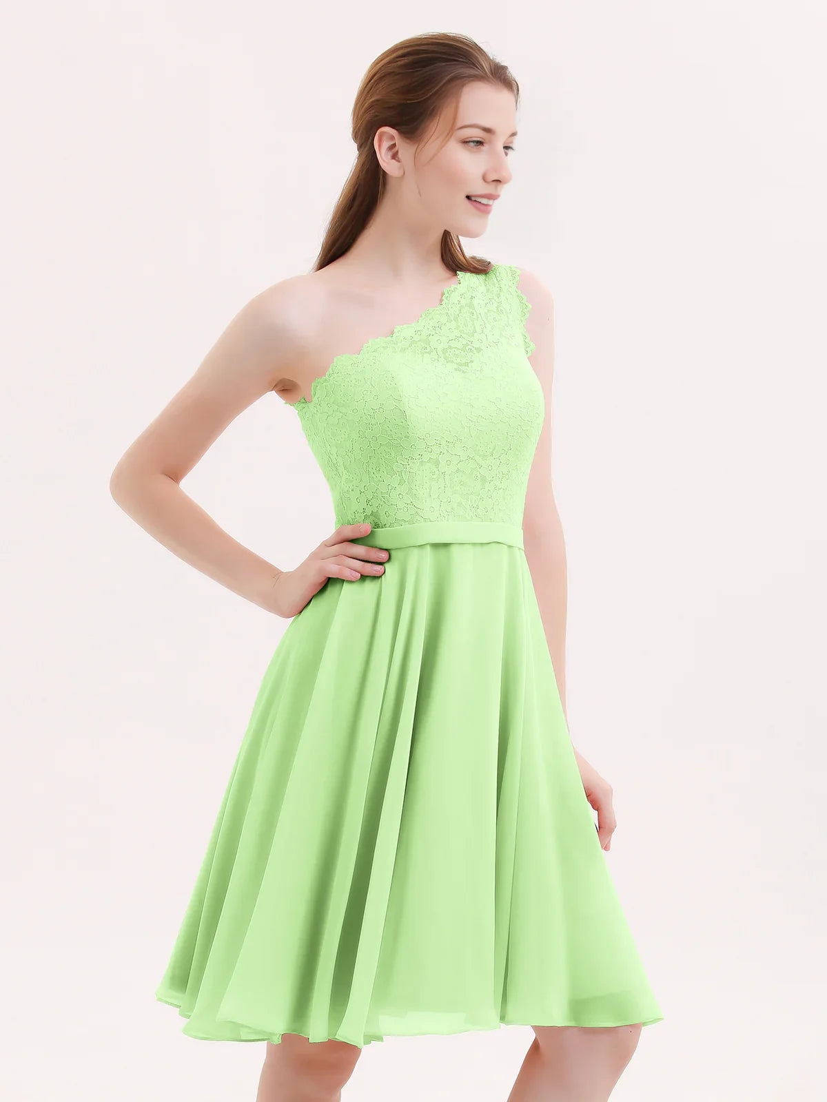 One-shoulder A-line short chiffon homecoming dress in bright lime green, lace bodice