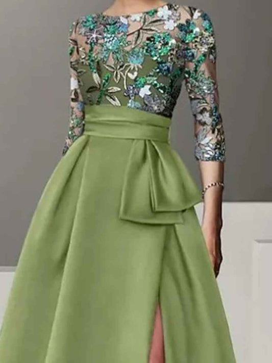 Sage green A-line floor-length dress with floral sequin top and layered waist detail