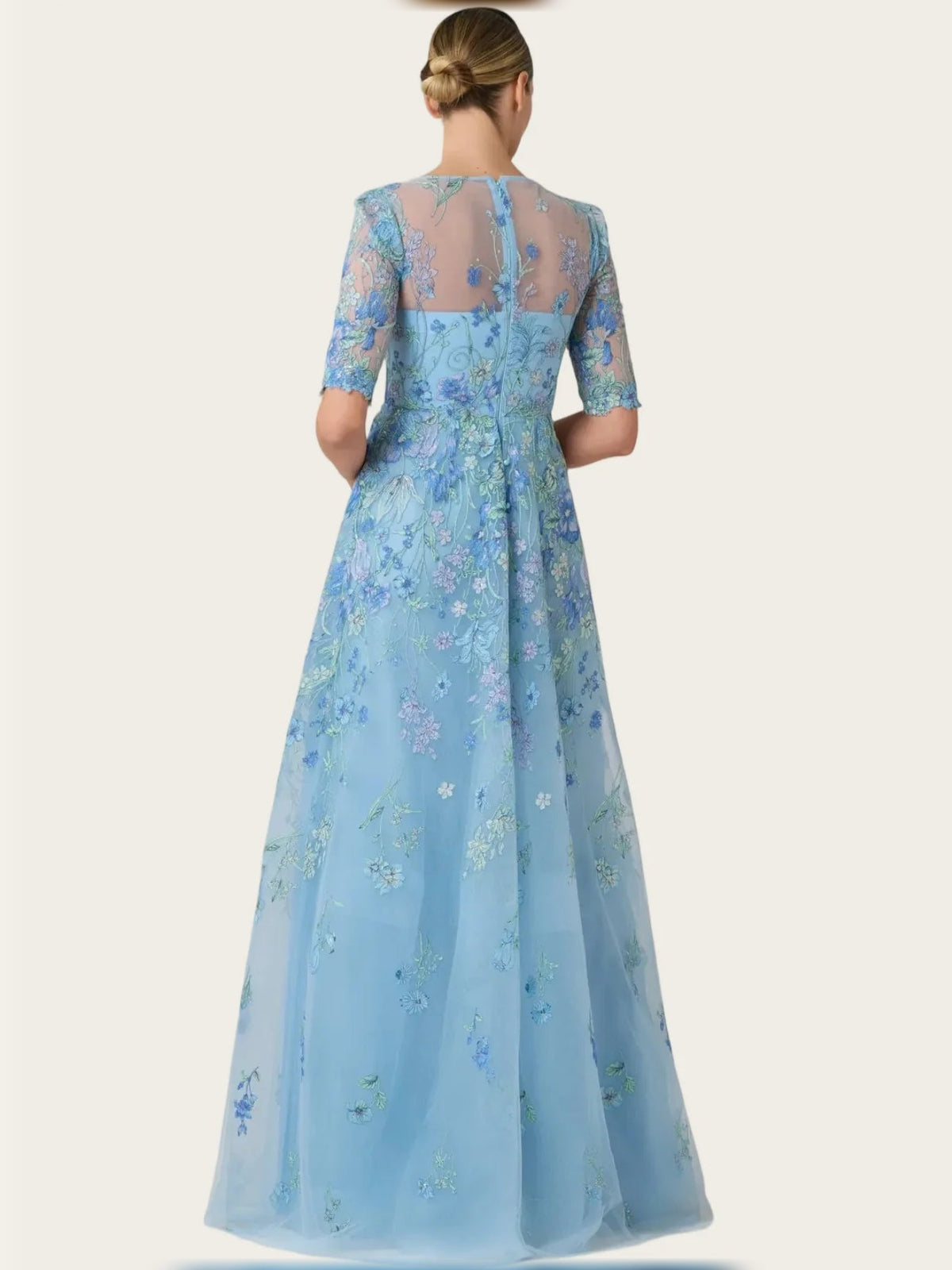 Light blue embroidered tulle A-line maxi dress back view with sheer yoke and sleeves