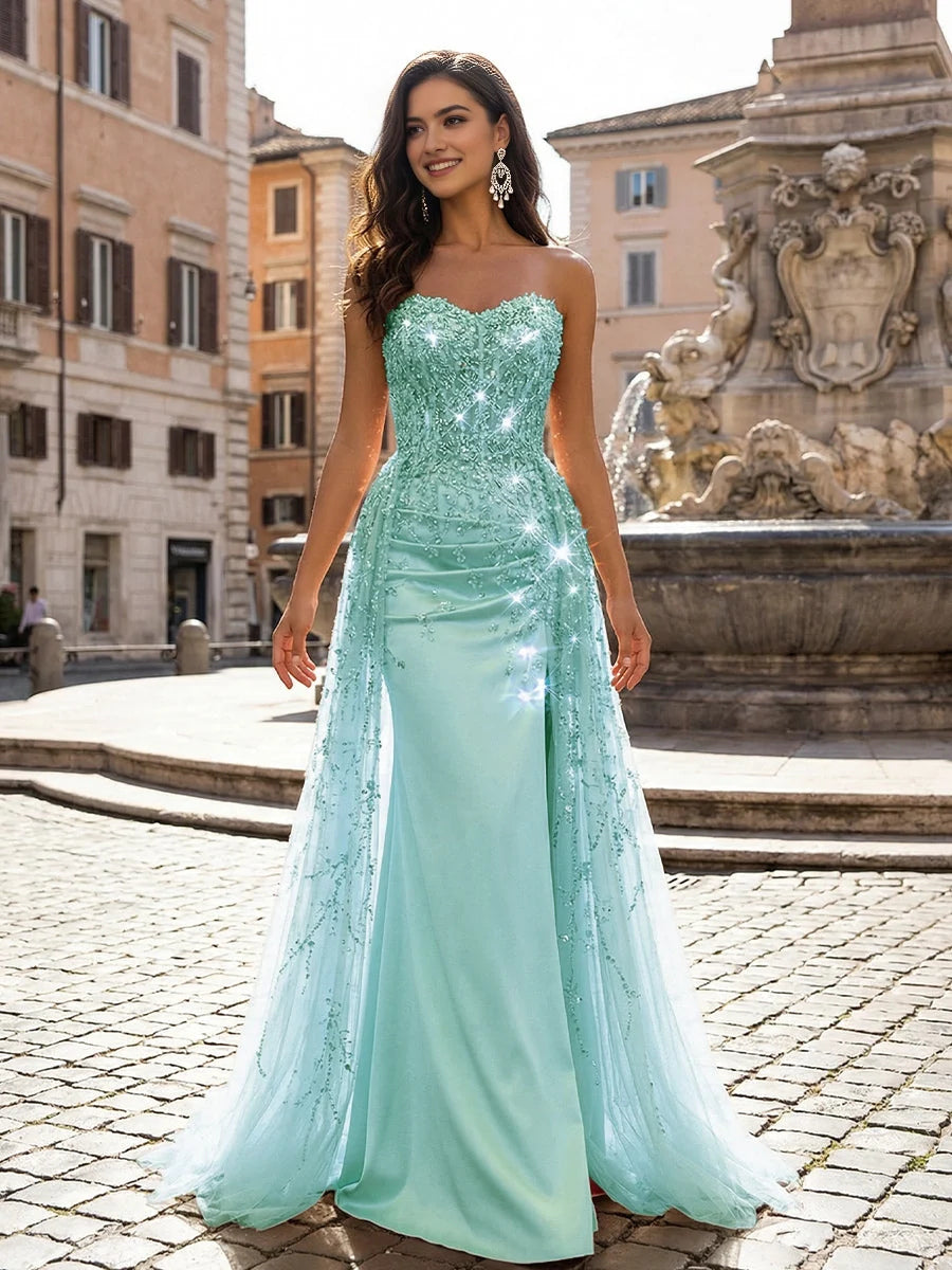 Aqua mint sweetheart mermaid prom dress with beaded sequin bodice and satin maxi skirt