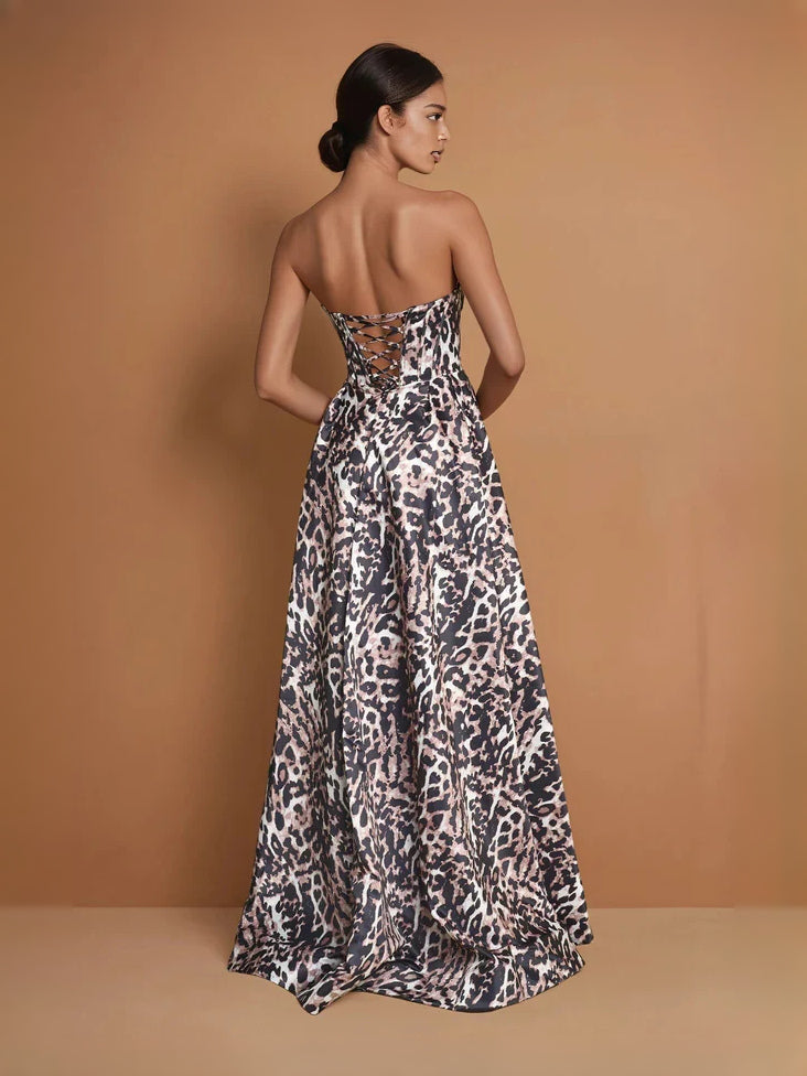 Backless leopard-print corset A-line prom dress with side slit, floor length