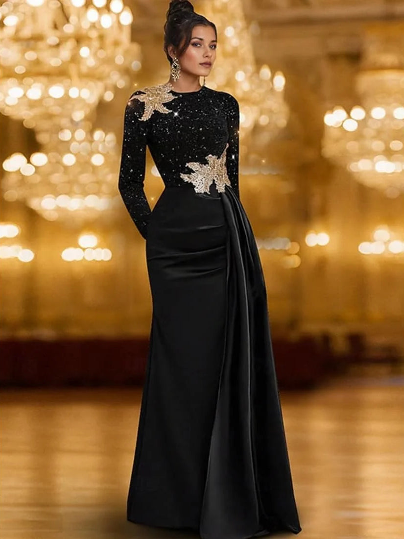 Black floor-length mermaid satin formal dress with long sleeves and gold star appliques