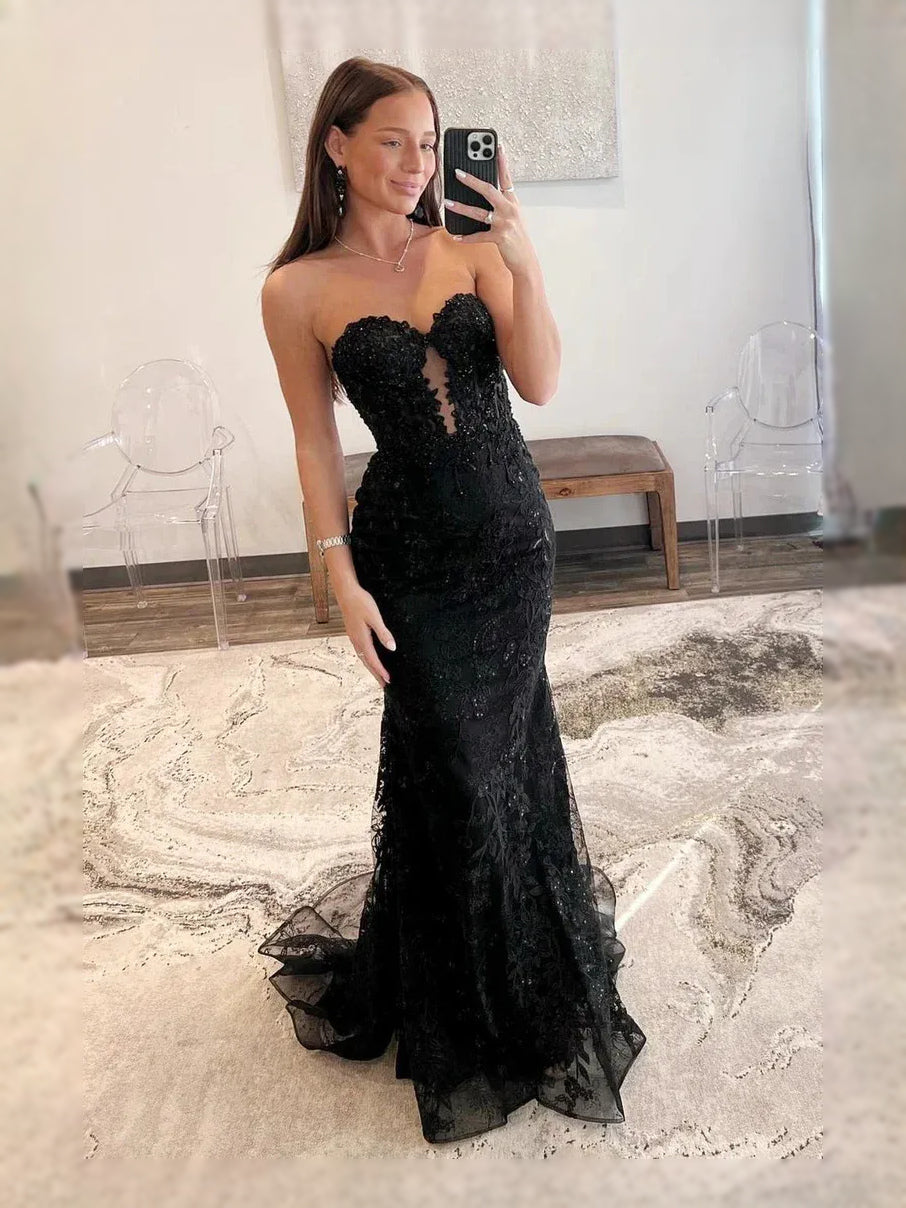 Black sequin sweetheart mermaid prom dress with floral cut-out bodice and tulle train