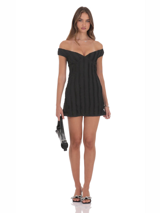 Off-shoulder black textured mini dress with vertical stripes, V neckline, short A-line