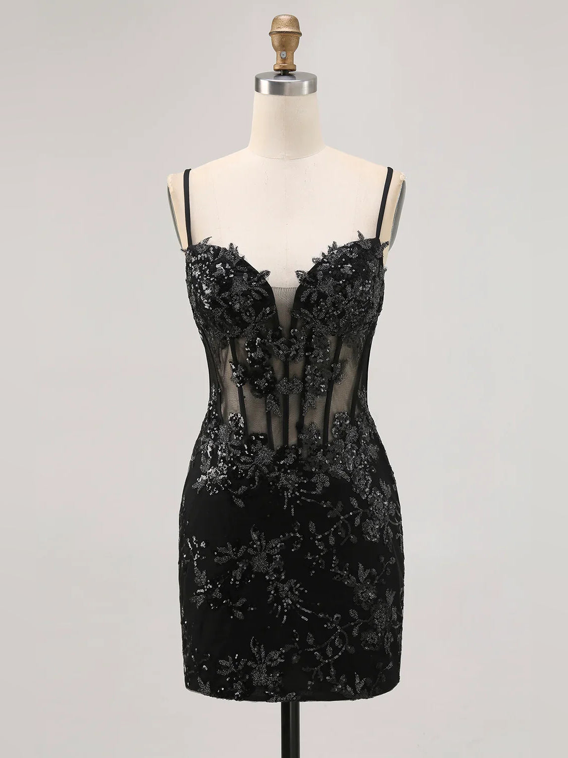 Black sequin corset mini dress on mannequin with sweetheart neckline and thin straps