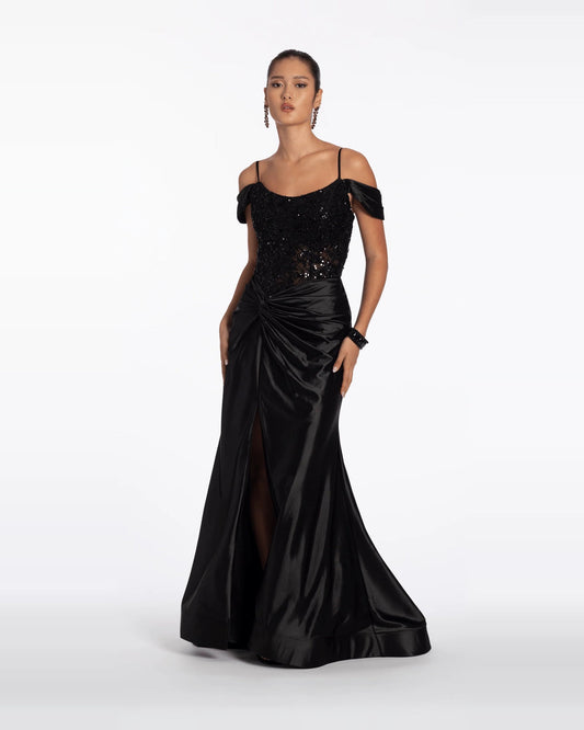 Black off-shoulder corset maxi dress with sequined bodice and satin trumpet silhouette