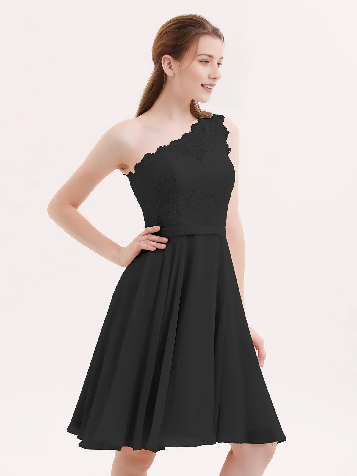 One-shoulder A-line short chiffon homecoming dress in black, lace-style bodice overlay