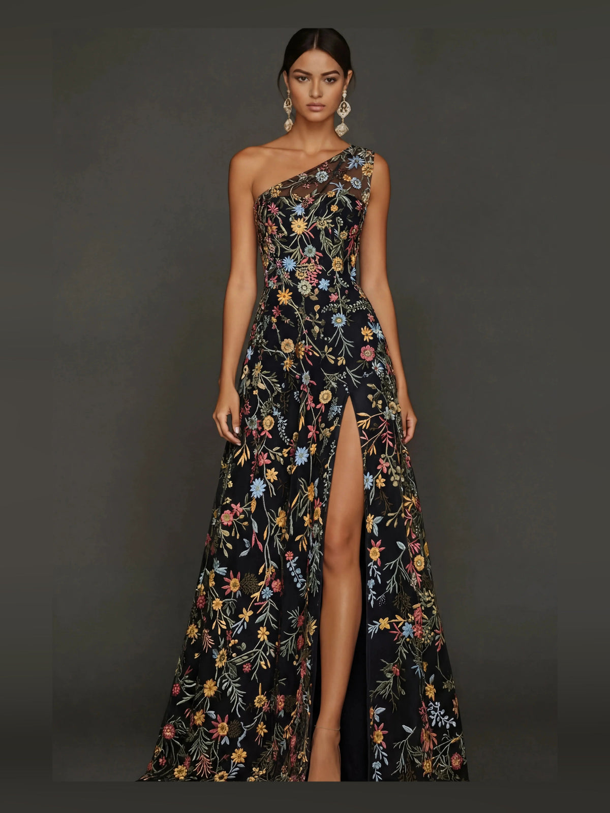 Black floral embroidered one-shoulder A-line prom dress with thigh slit and open back