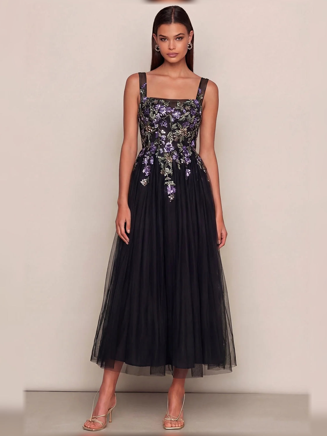 Black corset midi dress with purple floral print, square neckline, layered tulle skirt