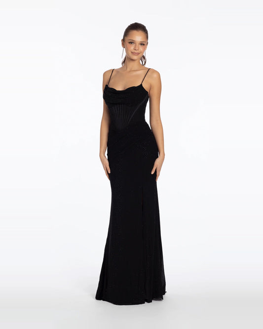 Black ruched draped column maxi prom dress with spaghetti straps, front view