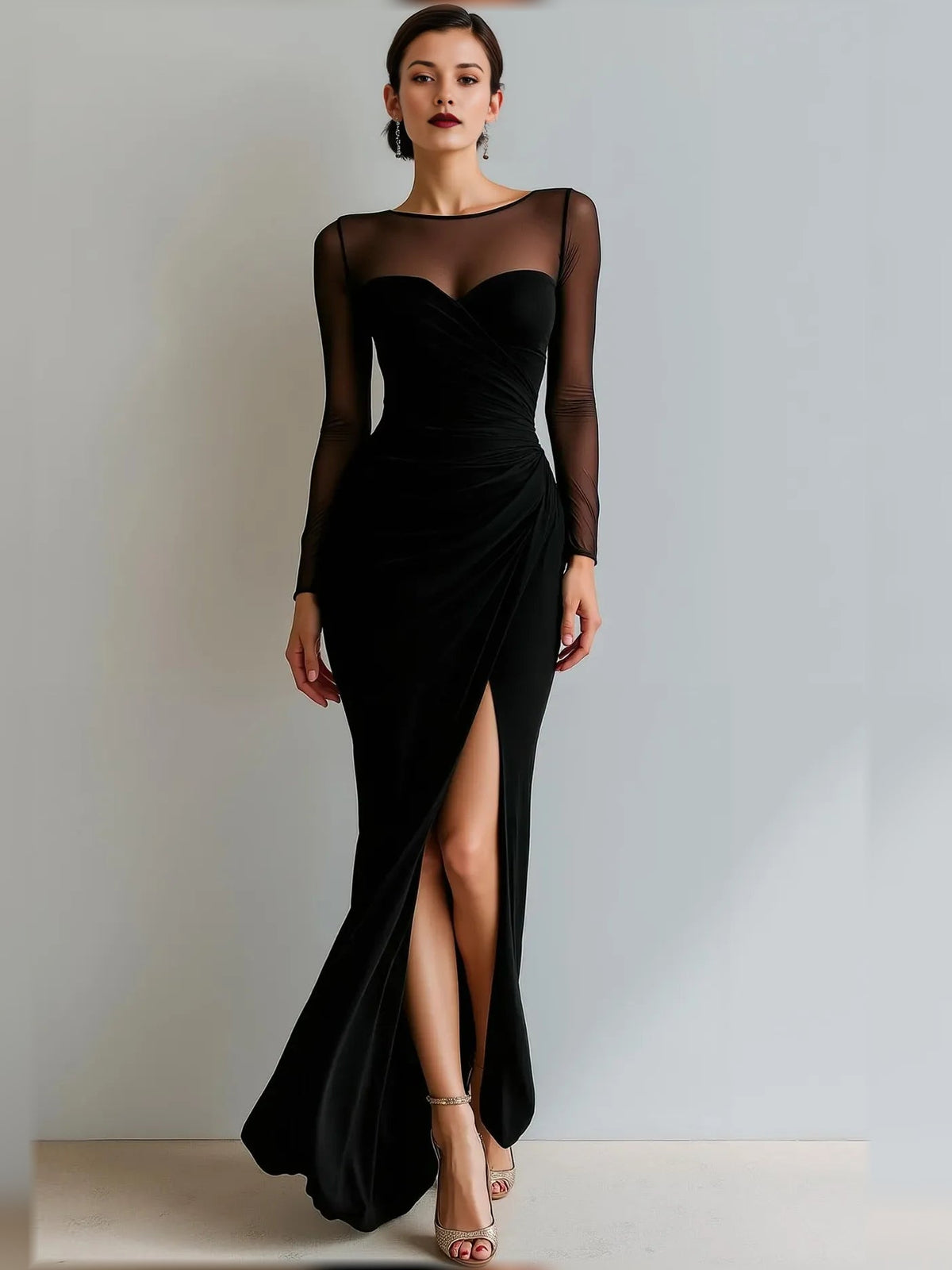 Black sweetheart ruched floor-length formal dress, sheer long sleeves, front side slit