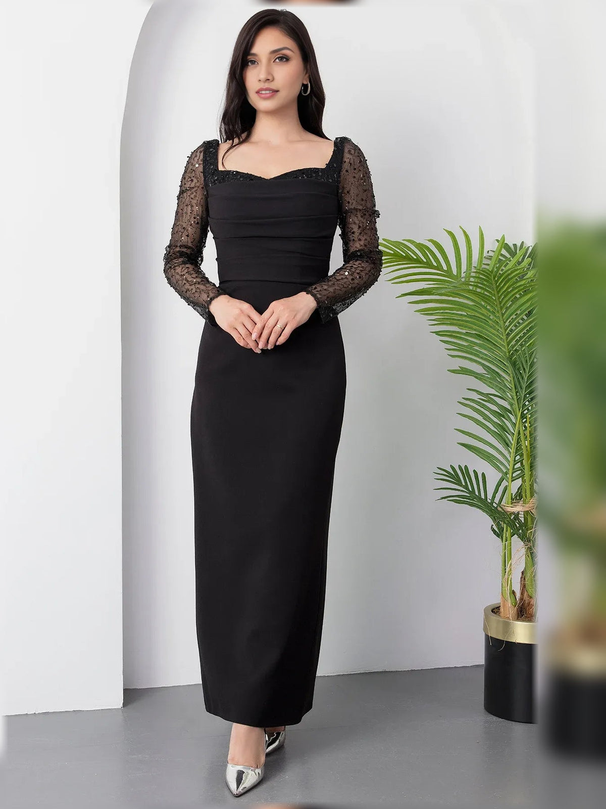 Ruched square-neck formal dress with lace long sleeves, black floor-length