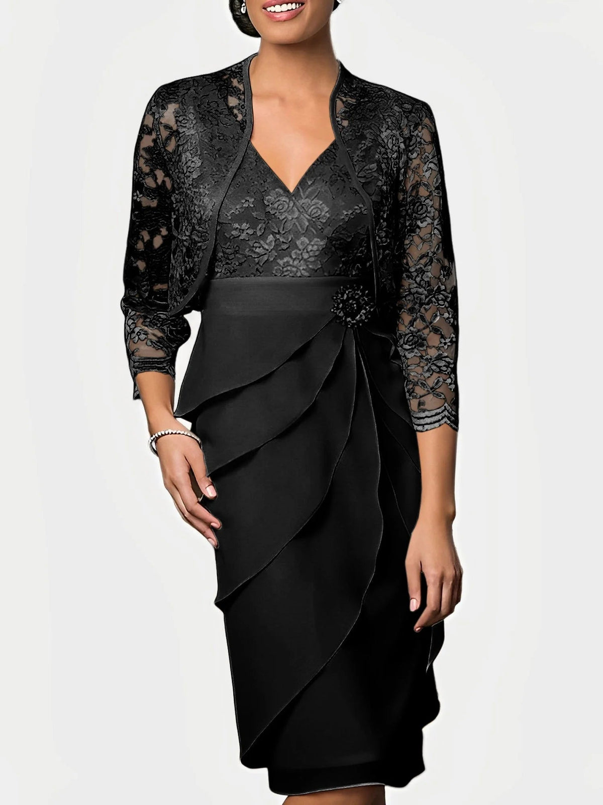 Ruffled V-neck fit-and-flare knee-length mother of the bride dress in black with lace sleeves