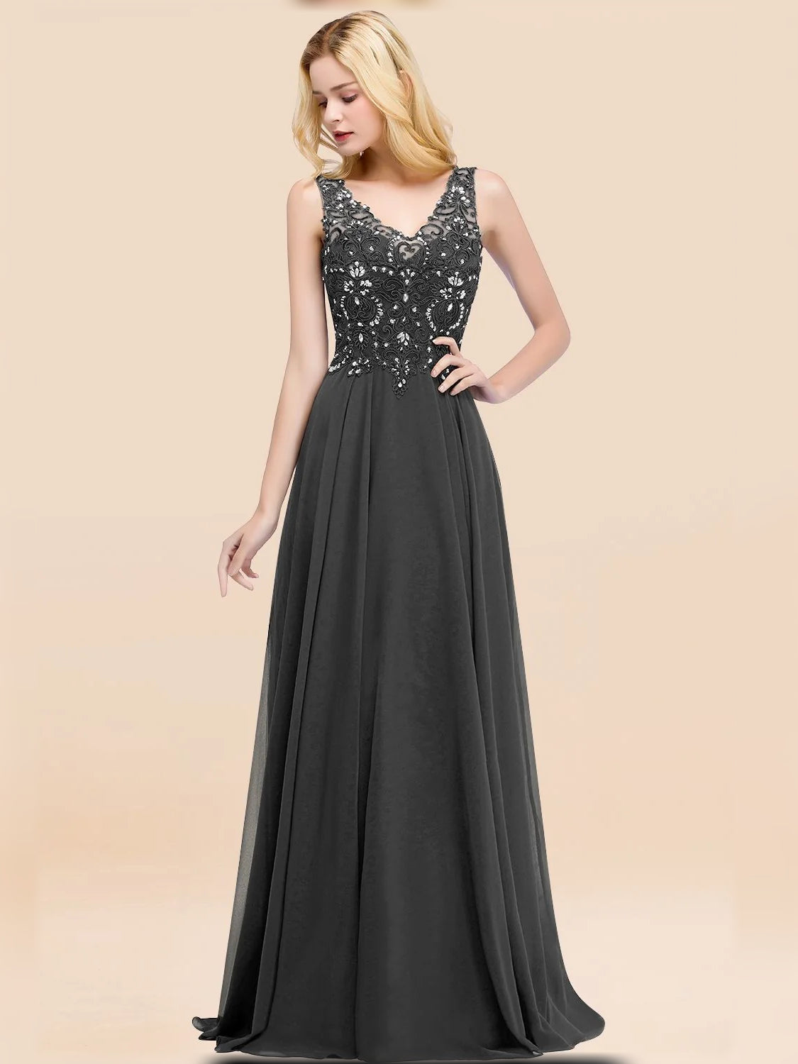 Black V-neck A-line chiffon bridesmaid dress with lace bodice, sleeveless