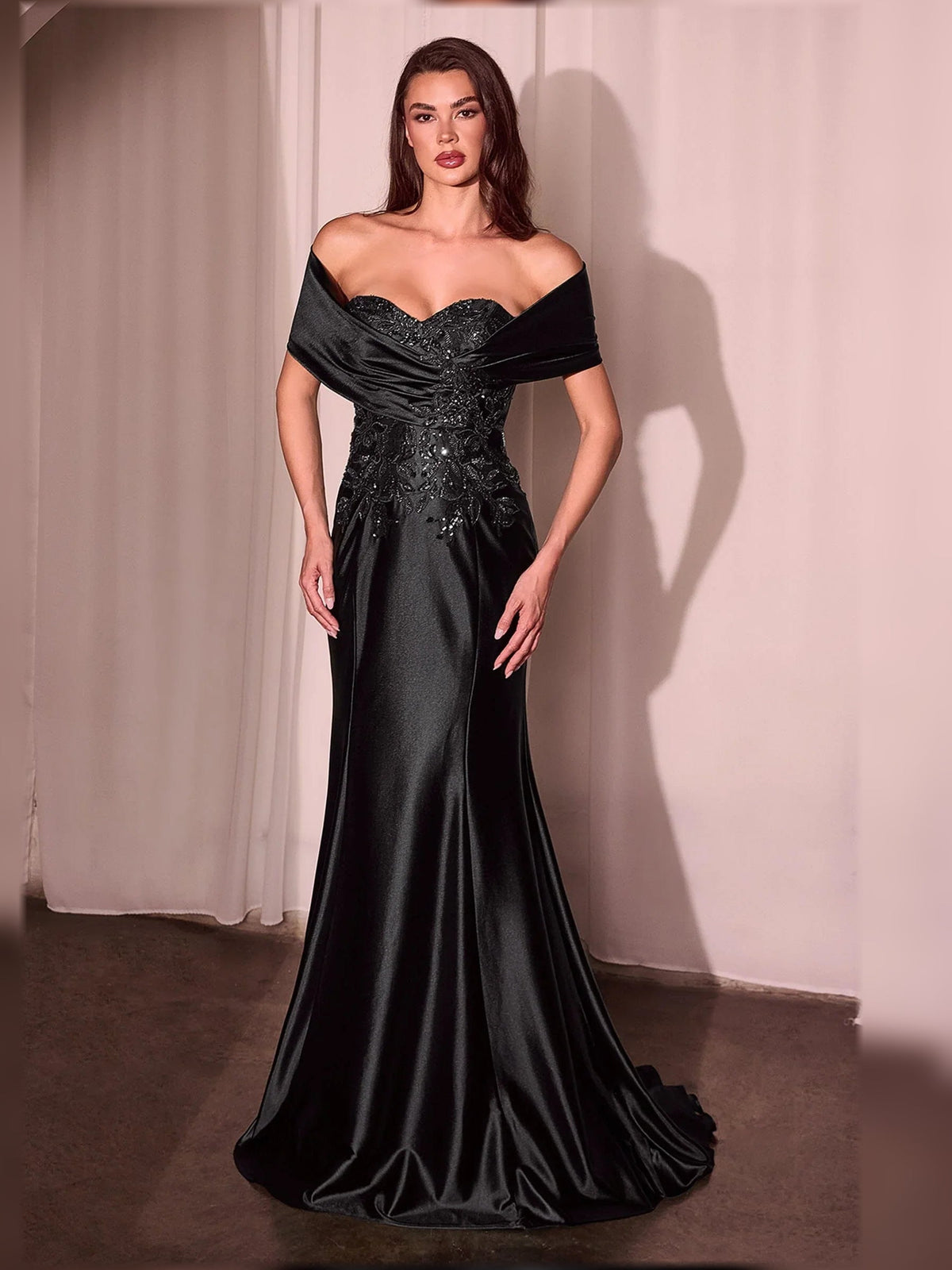 Black off-shoulder mermaid formal gown with floral beaded bodice, floor-length