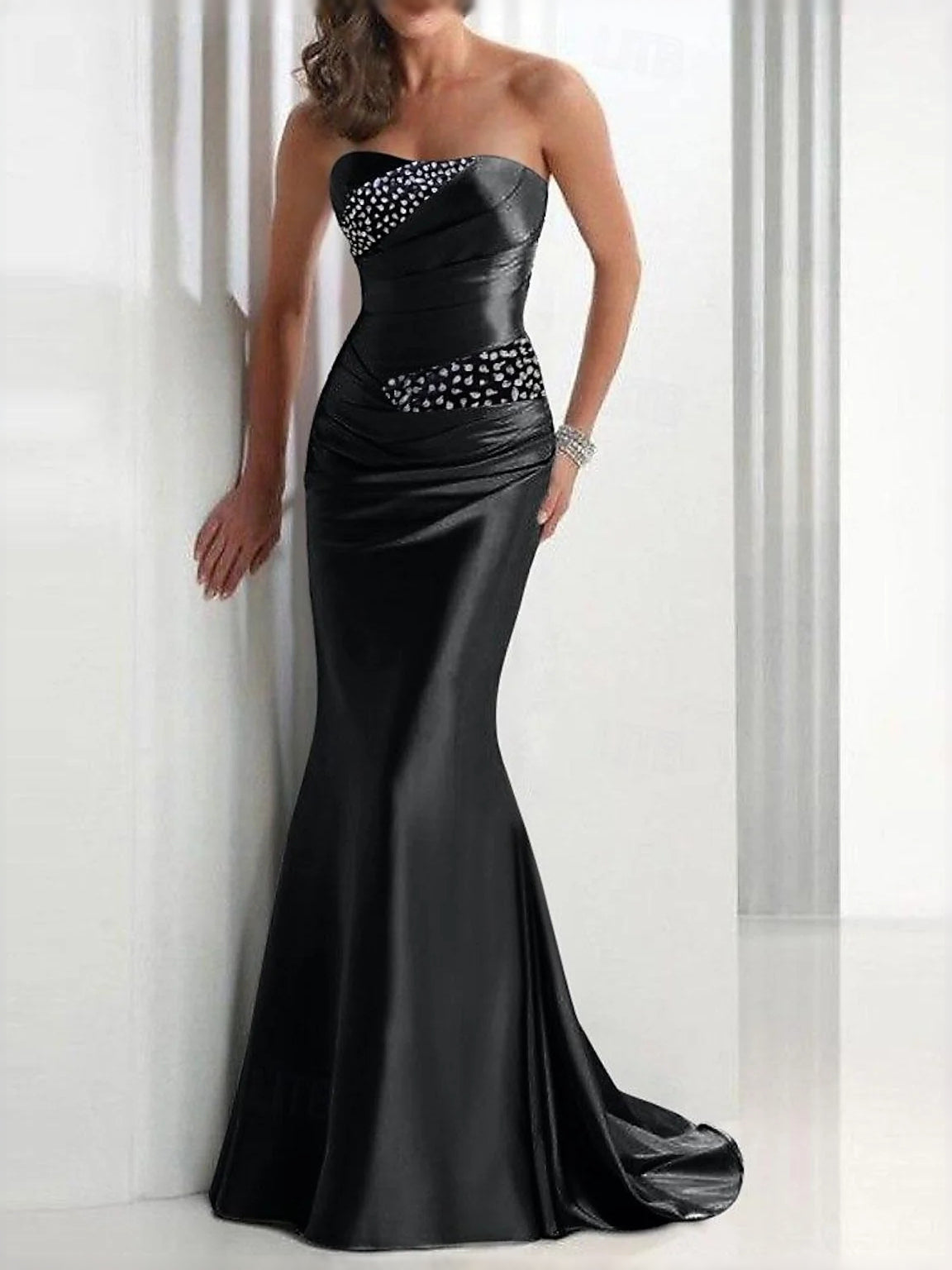 Black strapless ruched corset mermaid satin prom dress with sparkling waistband