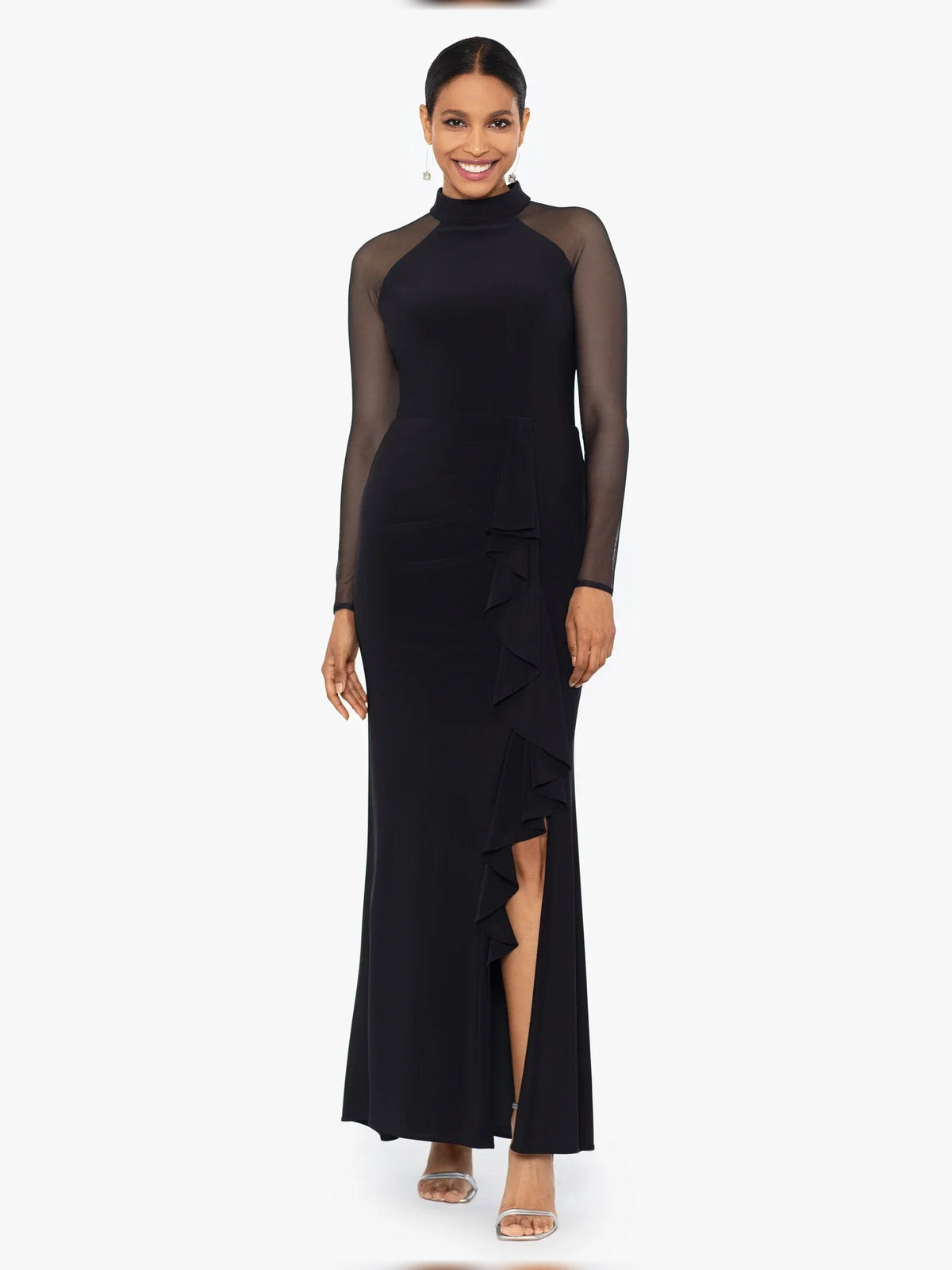 Black high-neck mermaid maxi gown with sheer sleeves and layered ruffle front hem