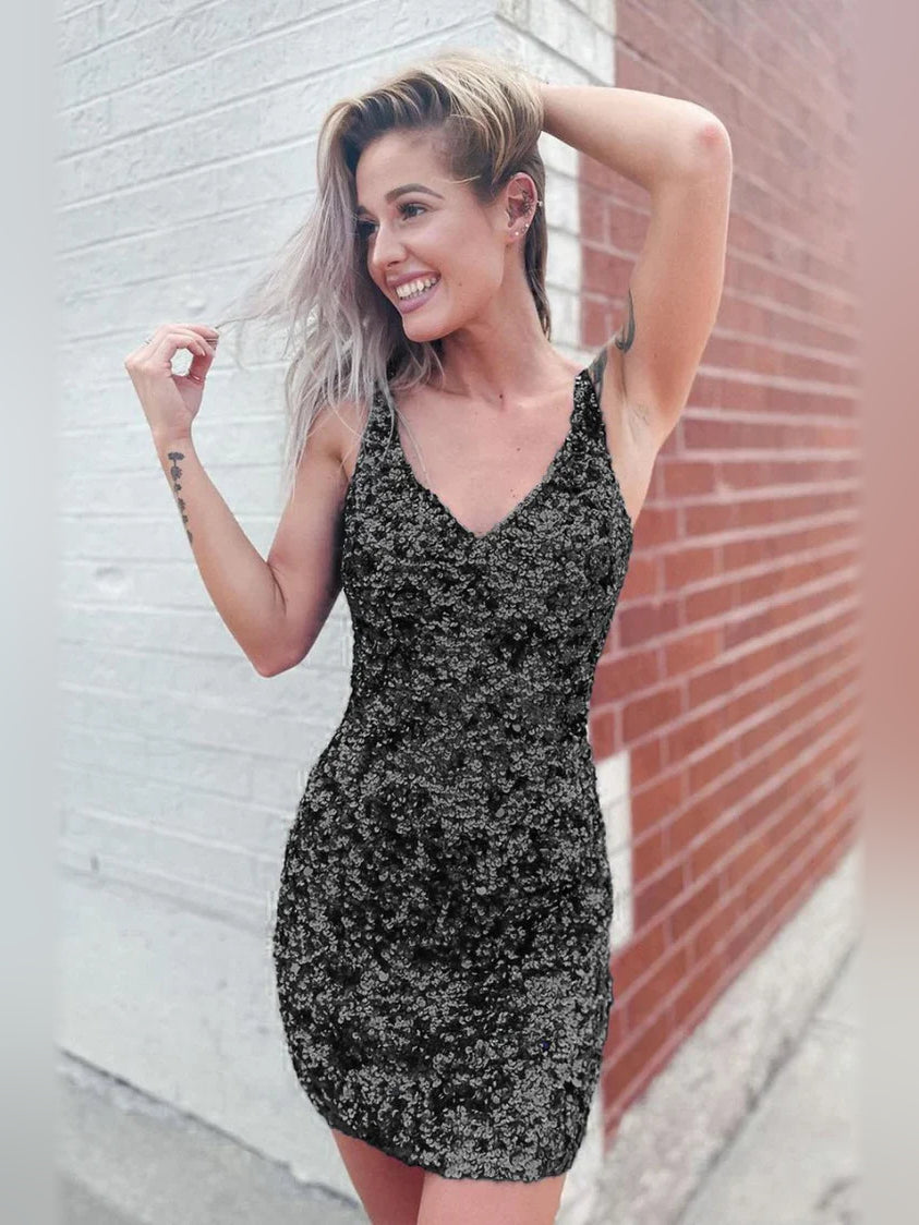 Black V-neck bodycon mini dress, sleeveless with textured fabric