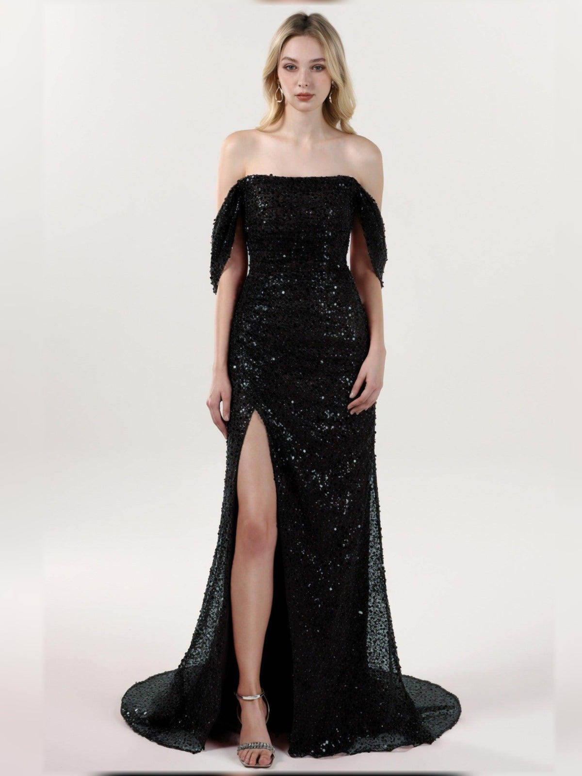 Black off-shoulder sequin sheath formal dress, floor-length with front slit