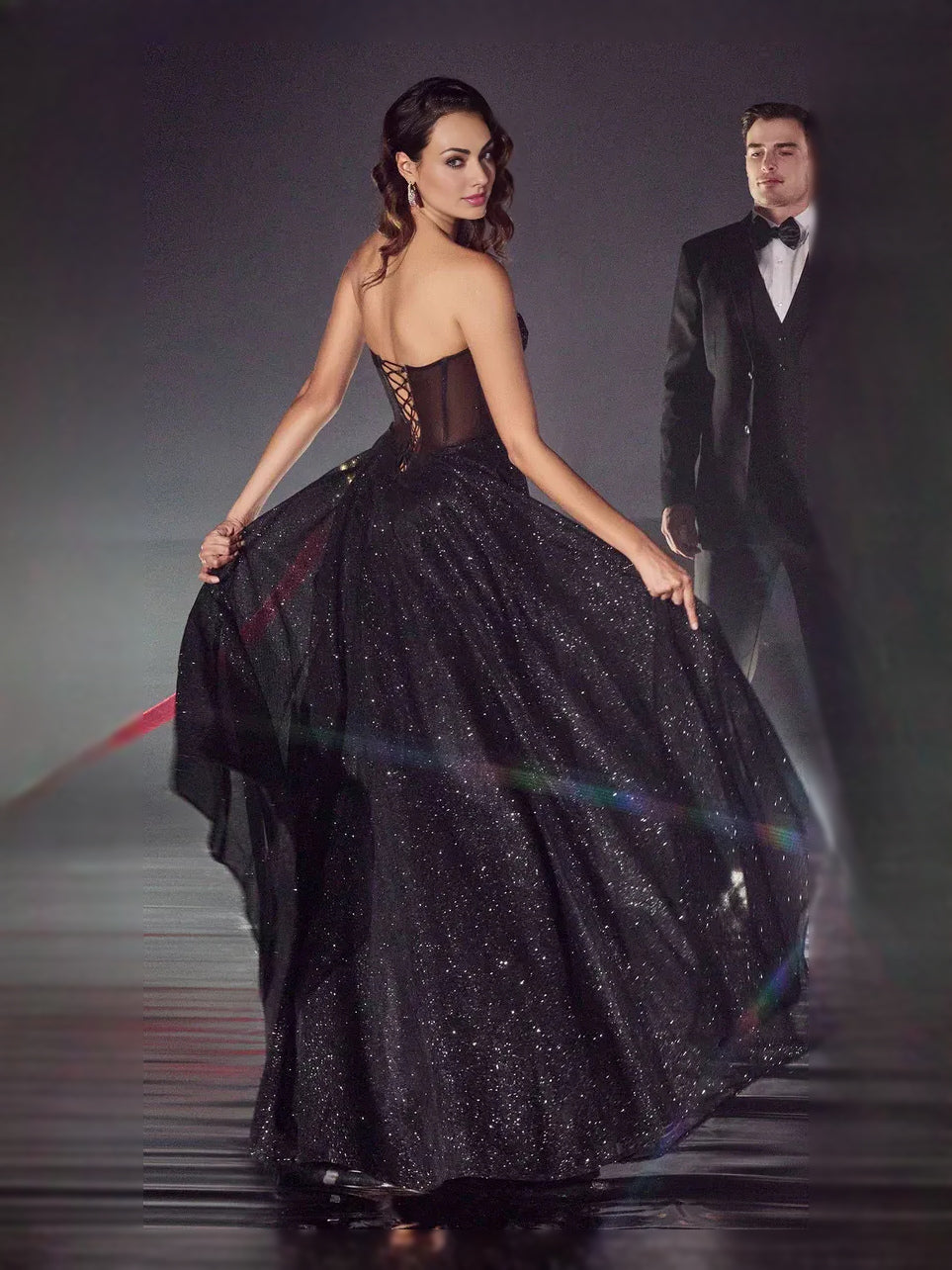 Black sequin corset sweetheart A-line prom dress, floor-length full skirt