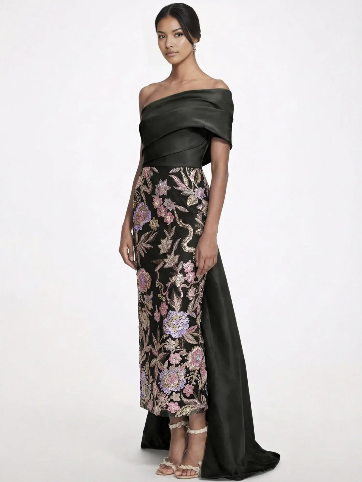One-shoulder floral sequin floor-length formal dress with dark green draped overlay