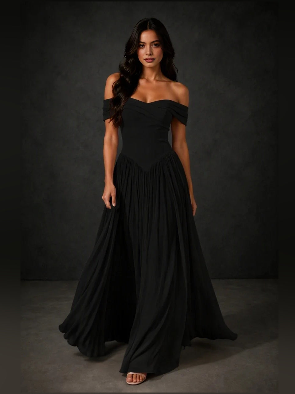 Corset sweetheart A-line floor-length dress in black with off-shoulder neckline