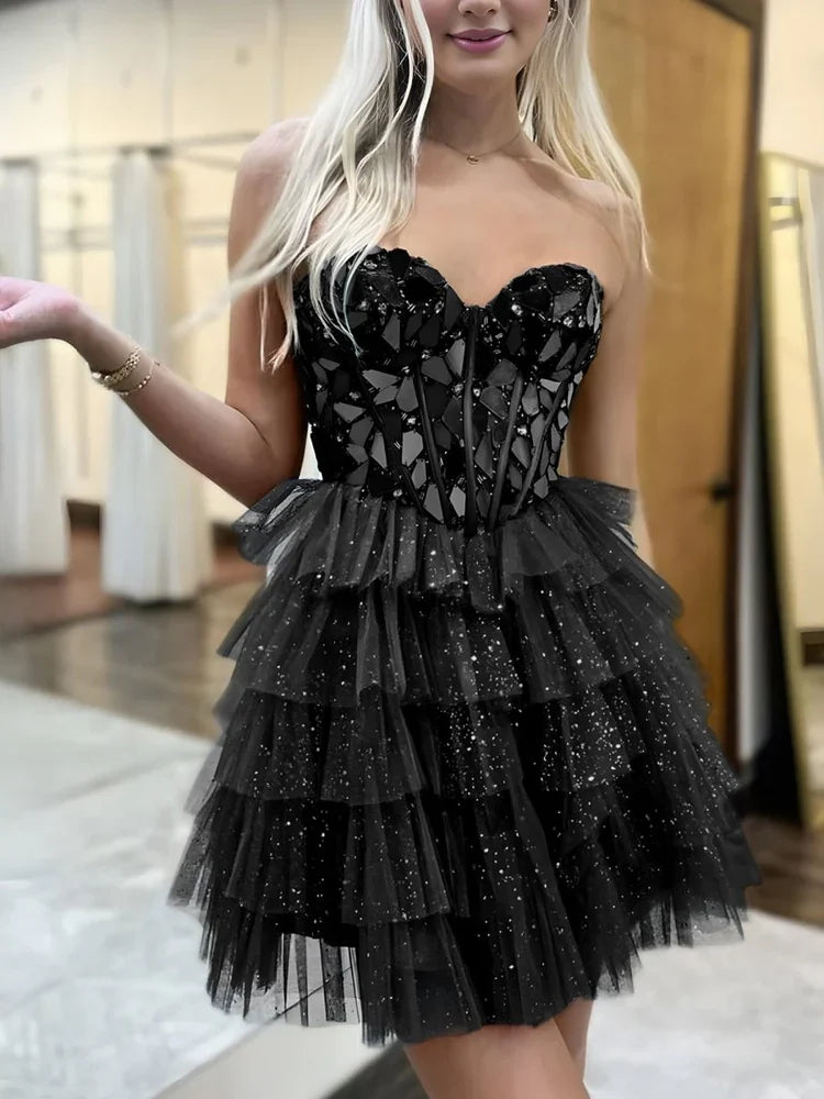 Black sweetheart corset tiered ruffle mini tulle A-line dress