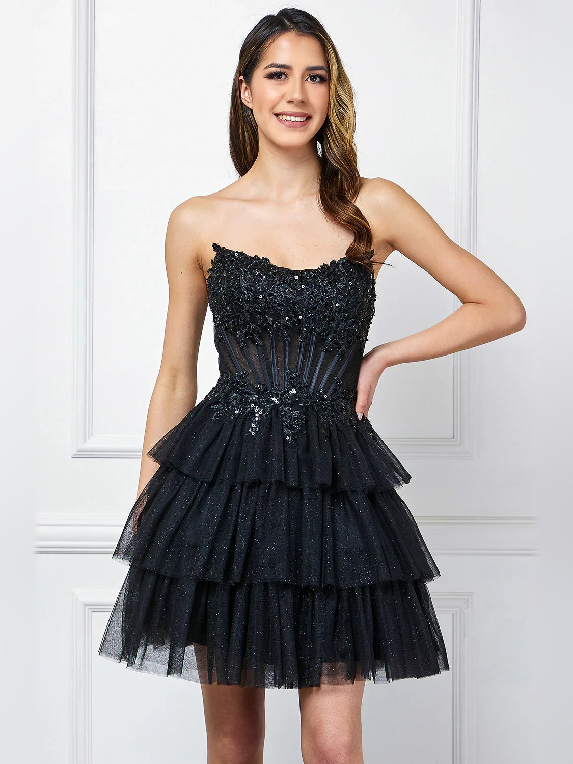 Black strapless corset mini tulle dress with tiered ruffled skirt