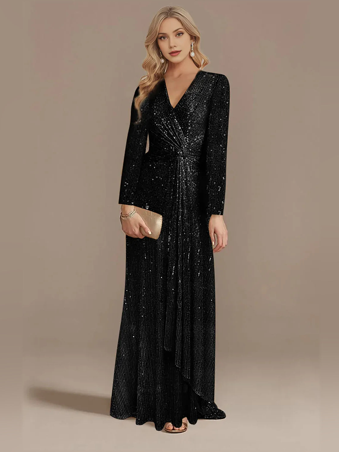 Black V-neck long-sleeve floor-length formal dress with sequin ruching