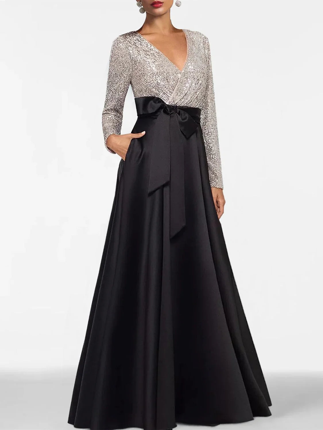 V-neck formal dress with silver sequin long sleeves and black satin floor-length skirt