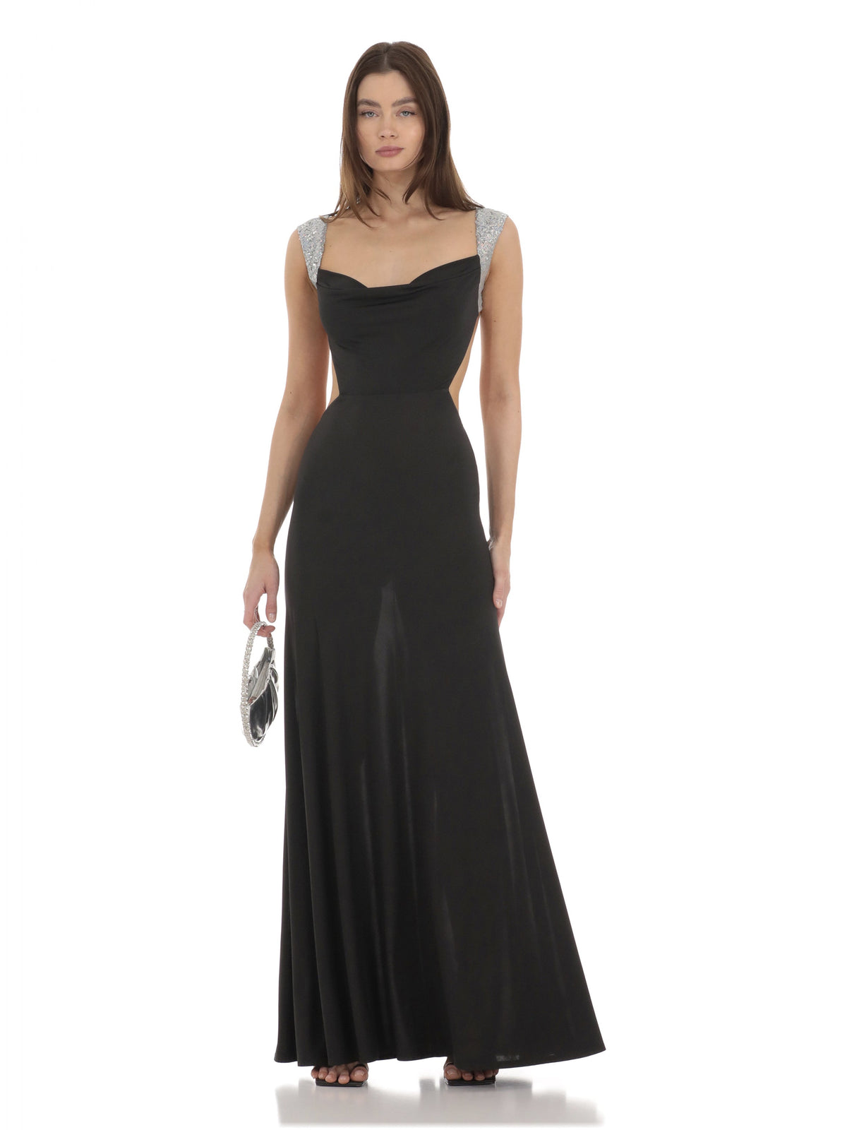 Black sequin cowl-neck A-line maxi mesh dress with sleeveless silhouette