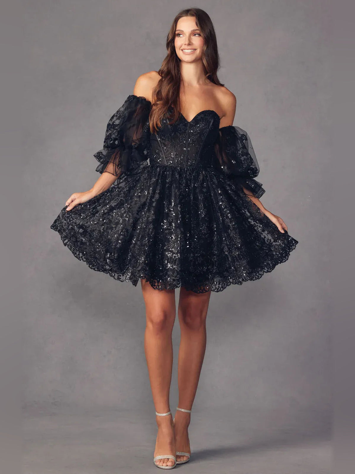 Black glitter off-shoulder A-line short dress with sweetheart bodice and puffed sleeves
